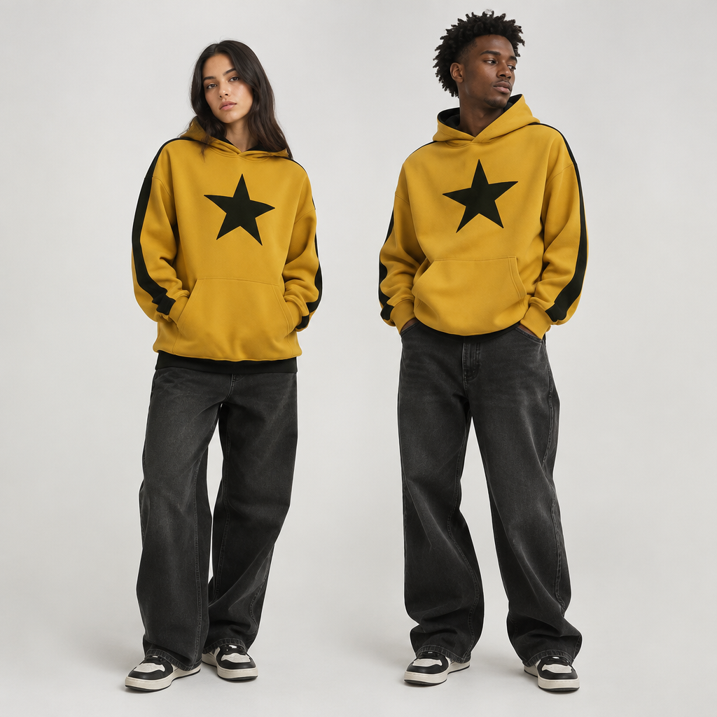 in Streetwear style. The exact same design as the photo that you just designed, except everything in reverse, so that the logo is black instead of yellow, the trim is black, and the sweatshirt is mustard. Present it as professional fashion catalogue photography: the garment is the subject, shown full-length with editorial styling, neutral posing and tasteful, non-suggestive framing.
photorealistic fashion design, in Streetwear style. The exact same design as the photo that you just designed, except everything in reverse, so that the logo is black instead of yellow, the trim is black, and the sweatshirt is mustard. Present it as professional fashion catalogue photography: the garment is the subject, shown full-length with editorial styling, neutral posing and tasteful, non-suggestive framing., streetwear style, just the design no text