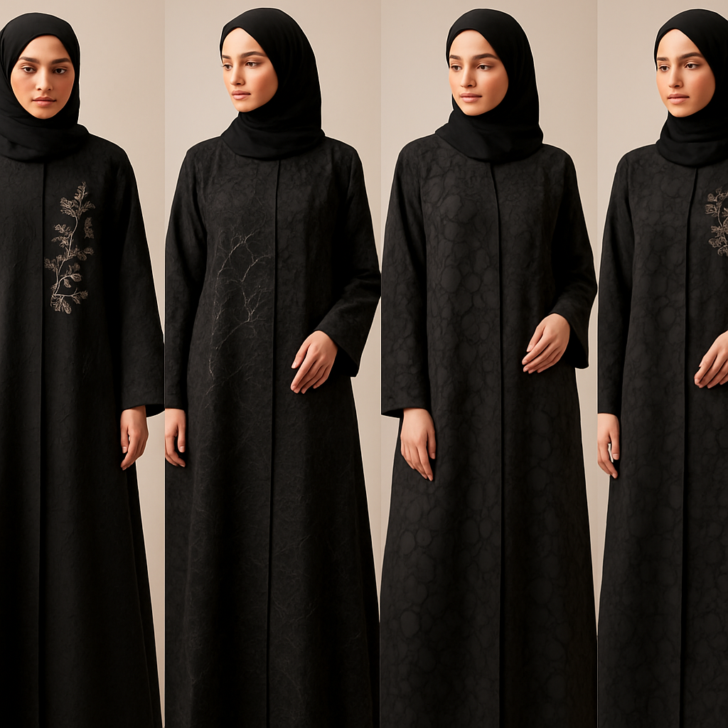 Create a modest chic abaya, the first of its kind, featuring a unique stone design that exudes a classy and sophisticated vibe. I'd like four designs, each showcasing different styles and fabrics. Incorporate high-end, unique chic stone designs to make them truly special. Add little sophisticated stone designs and some touch of elite flower design 

Create a modest chic abaya, the first of its kind, featuring a unique stone design that exudes a classy and sophisticated vibe. I'd like four designs, each showcasing different styles and fabrics. Incorporate high-end, unique chic stone designs to make them truly special. Add little sophisticated stone designs and some touch of elite flower design 
