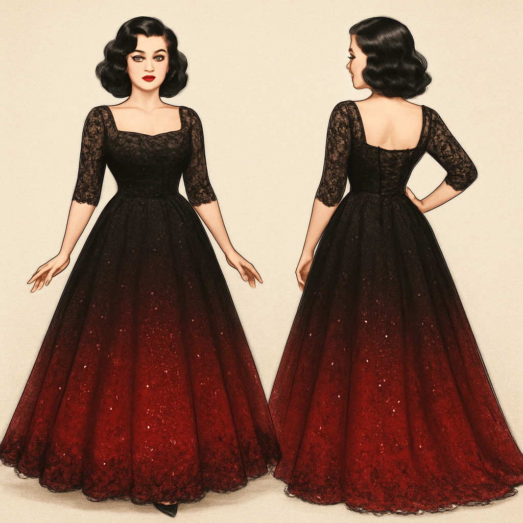 A- line lace wedding dress. Black fading into red with a petty coat. Sequins all around the skirt with a corset back. 1/3 sleeves with square neck.
A- line lace wedding dress. Black fading into red with a petty coat. Sequins all around the skirt with a corset back. 1/3 sleeves with square neck., pinup style, show front and back