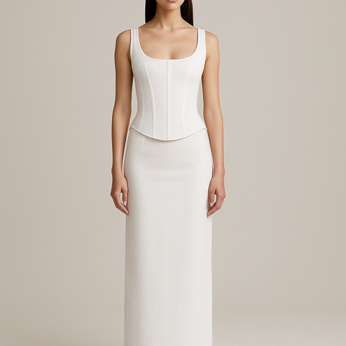 Long line structured corset top with scoop neck
Slightly shorter make white and add matching maxi skirt
Make skirt fitted and straight and make neck more scooped