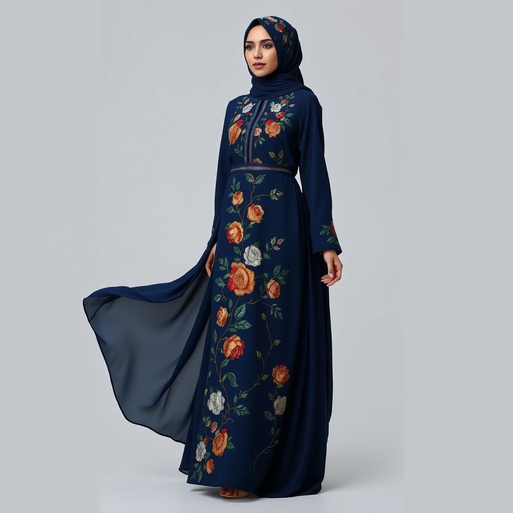 A midnight blue abaya is a vision, adorned with vibrant floral embroidery in gold, silver, and emerald. Roses and vines create a graceful dance, a perfect blend of tradition and artistry.
Envision a flowing midnight blue abaya, tailored to perfection, with long, ethereal sleeves that gently cascade to the wrist. The vibrant floral embroidery, featuring intricate gold, silver, and emerald roses and vines, weaves a tale of elegance and grace. Accentuate with a matching hijab, delicately embroidered, enhancing the harmonious interplay of heritage and contemporary flair.