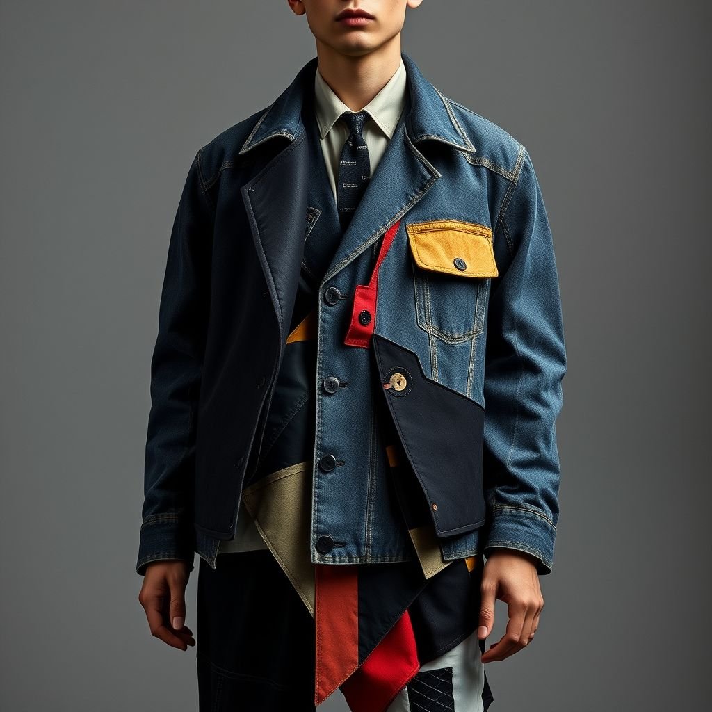 Menswear brutalist geometric design techno
Imagine a menswear collection that fuses brutalist architecture with geometric patterns, all crafted from upcycled materials. Think repurposed denim, reclaimed cotton, and vintage fabrics reimagined into sharp silhouettes. Layered textures, asymmetrical cuts, and unexpected color combinations create a techno-inspired aesthetic that celebrates sustainability while making a bold, modern statement.