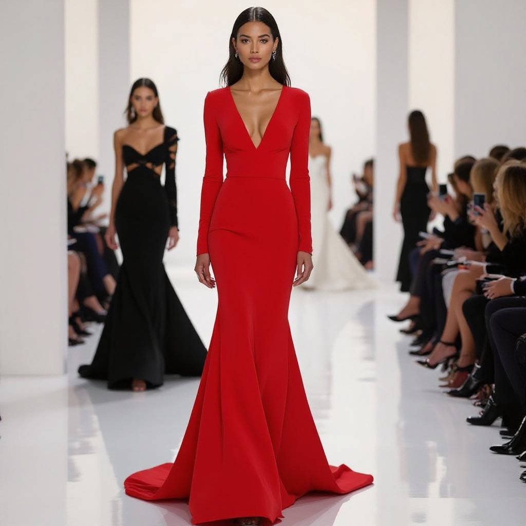 A red mermaid shape gown with a low neck and long sleeve
A red stretch-crepe mermaid gown with a plunging V-neck and long, fitted sleeves.