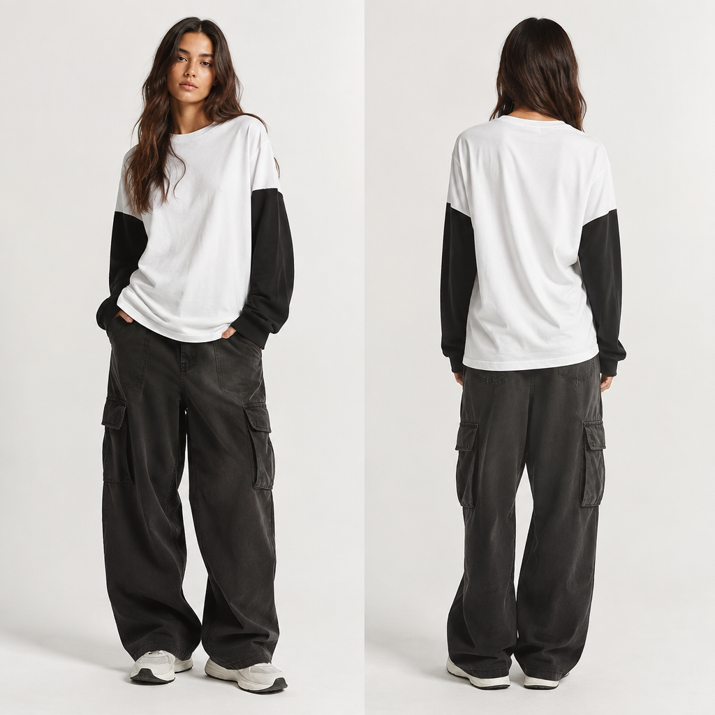 A Unisex Top design, in Streetwear style. çift kollu tişört sade ince bir kumaş. Turkey fashion aesthetics. Present it as professional fashion catalogue photography: the garment is the subject, shown full-length with editorial styling, neutral posing and tasteful, non-suggestive framing.
photorealistic fashion design, A Unisex Top design, in Streetwear style. çift kollu tişört sade ince bir kumaş. Turkey fashion aesthetics. Present it as professional fashion catalogue photography: the garment is the subject, shown full-length with editorial styling, neutral posing and tasteful, non-suggestive framing., streetwear style, just the design no text