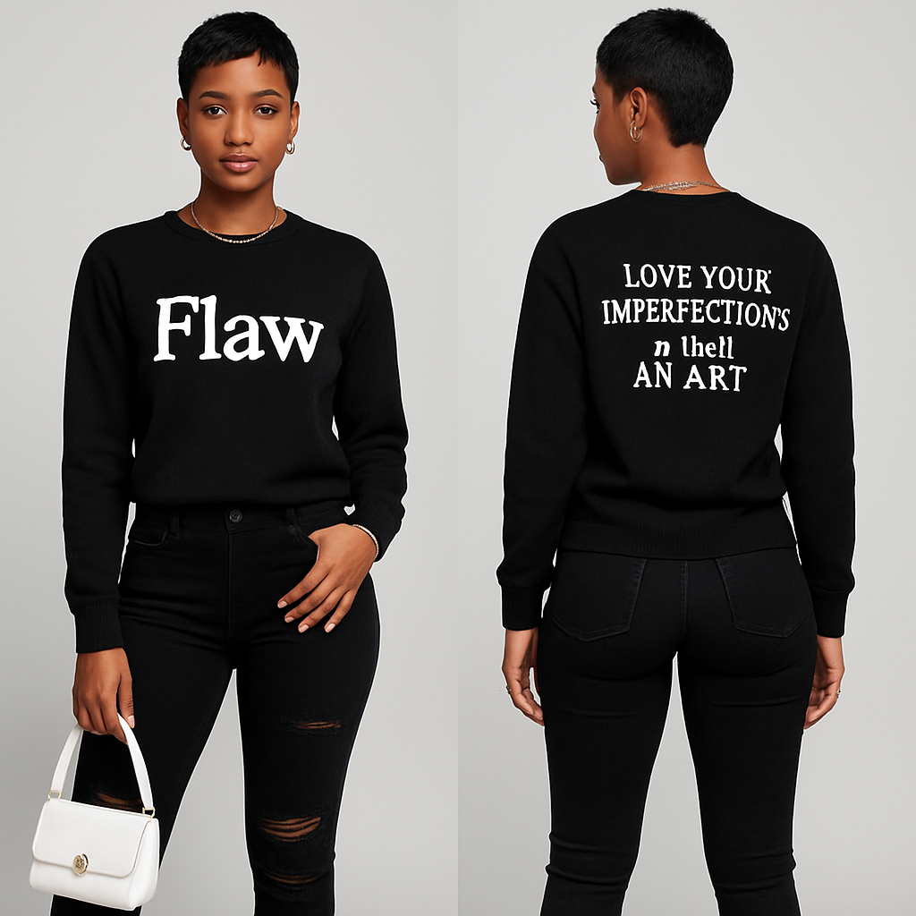Black woman
Pixie cut
Black Long sleeve sweater shirt on the front it says Flaw in white and on the back it says in white Love Your Imperfections
You Are An Art 🌸
Tight black ripped jeans
White boot heels
Good jewelry
White purse
Black woman
Pixie cut
Black Long sleeve sweater shirt on the front it says Flaw in white and on the back it says in white Love Your Imperfections
You Are An Art 🌸
Tight black ripped jeans
White boot heels
Good jewelry
White purse
, show front and back