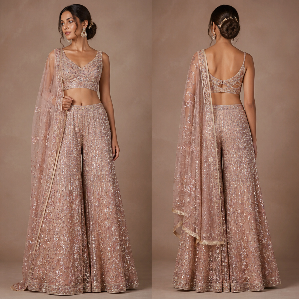 A Female Dress design, for Wedding. convert this referance ohoto lehnga in to flair plazzo with blouse and dupatta style suitable for wedding functions. India fashion aesthetics.
photorealistic fashion design, A Female Dress design, for Wedding. convert this referance ohoto lehnga in to flair plazzo with blouse and dupatta style suitable for wedding functions. India fashion aesthetics., just the design no text, show front and back