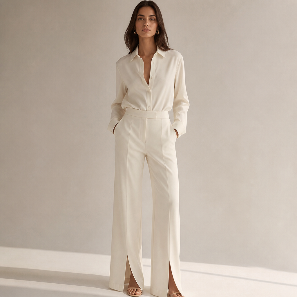 A Female Dress design, suitable for Summer. peux-tu me proposer en dessin réaliste un modèle d'habit en ensemble pantalon et chemise manche longue blanc cassé pour femme de 1m65 et de 60kg. Les manches doivent porter des boutons et le pantalon de légères fentes au niveau de son bas. CI fashion aesthetics. Present it as professional fashion catalogue photography: the garment is the subject, shown full-length with editorial styling, neutral posing and tasteful, non-suggestive framing.
photorealistic fashion design, A Female Dress design, suitable for Summer. peux-tu me proposer en dessin réaliste un modèle d'habit en ensemble pantalon et chemise manche longue blanc cassé pour femme de 1m65 et de 60kg. Les manches doivent porter des boutons et le pantalon de légères fentes au niveau de son bas. CI fashion aesthetics. Present it as professional fashion catalogue photography: the garment is the subject, shown full-length with editorial styling, neutral posing and tasteful, non-suggestive framing., just the design no text
