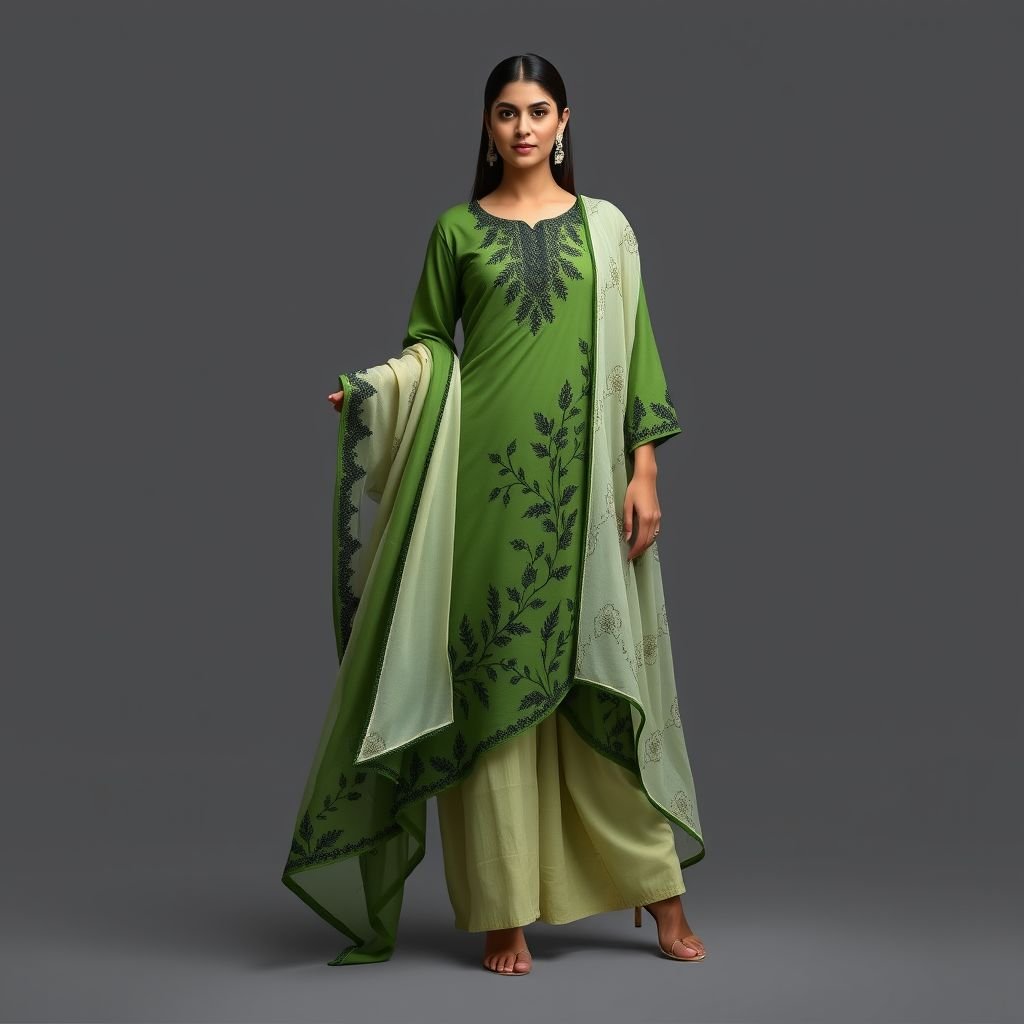 Salwar suit with green , black and offwhite
Design a contemporary salwar suit featuring a flowing, asymmetrical silhouette. The rich green fabric serves as the base, adorned with intricate black embroidery inspired by nature. Off-white accents highlight the neckline and cuffs, while a light, airy dupatta showcases abstract geometric patterns, offering a harmonious blend of tradition and modernity.