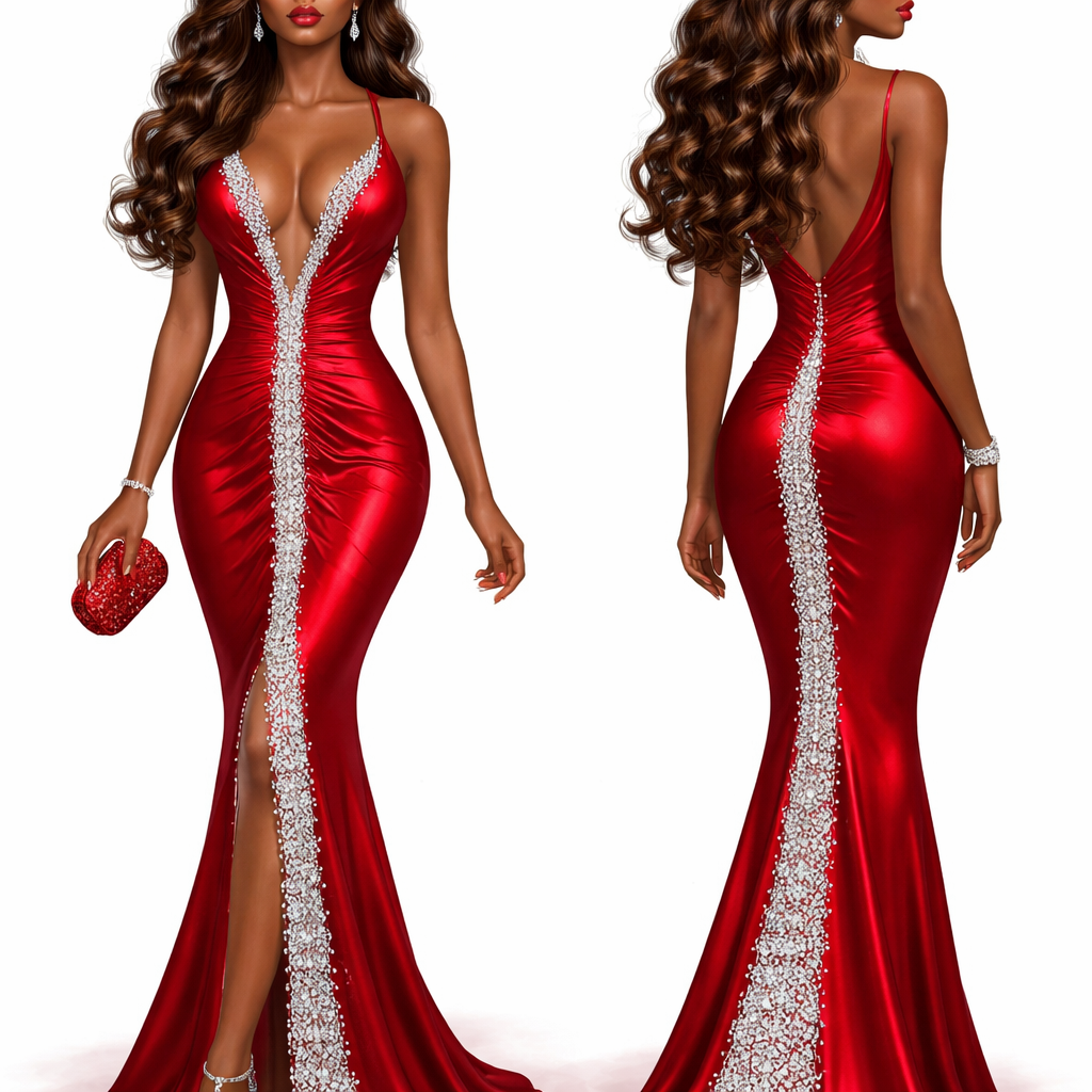 Illustrate the front and back of a Christmas gown!!! Red silk gown. Deep V and fitted. With white Diamond starting as the deep V neckline and goin down the skirt to the bottom. No flare of the skirt in the bottom. The boning in the bodice is obvious. Model is brown skin brown hair with light brown highlights. Long hair. The model is wearing a Diamond bracelet. Diamond studded shoes, with a red purse. Model has dark skin but wearing lots of makeup. Full lips. High cheekbones. Red lips.
Illustrate the front and back of a Christmas gown!!! Red silk gown. Deep V and fitted. With white Diamond starting as the deep V neckline and goin down the skirt to the bottom. No flare of the skirt in the bottom. The boning in the bodice is obvious. Model is brown skin brown hair with light brown highlights. Long hair. The model is wearing a Diamond bracelet. Diamond studded shoes, with a red purse. Model has dark skin but wearing lots of makeup. Full lips. High cheekbones. Red lips. , feminincore style