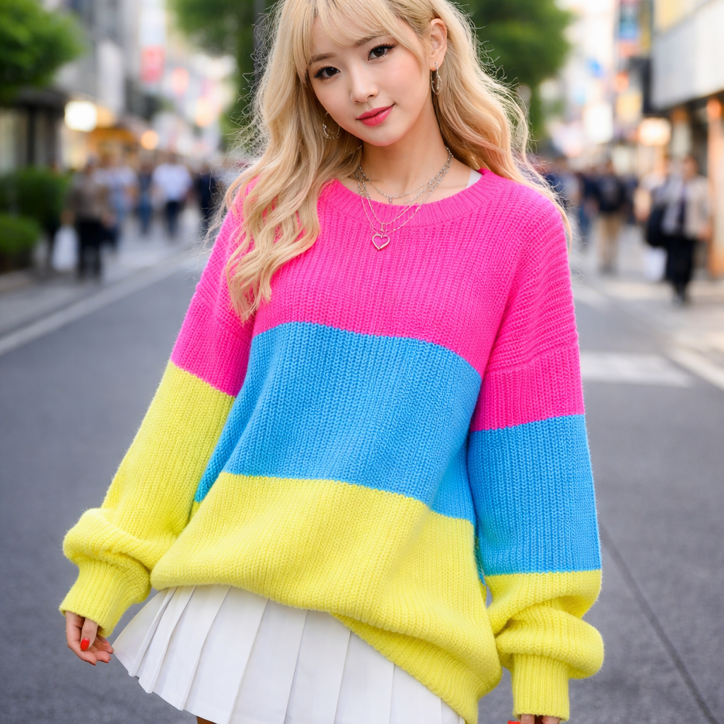 cute chunky neon candy land board game sweater
Japanese Street fashion design: **Prompt:** Oversized, chunky knit sweater in bright neon pink, blue, and yellow blocks. Slightly dropped shoulders and a relaxed fit. Soft cotton.