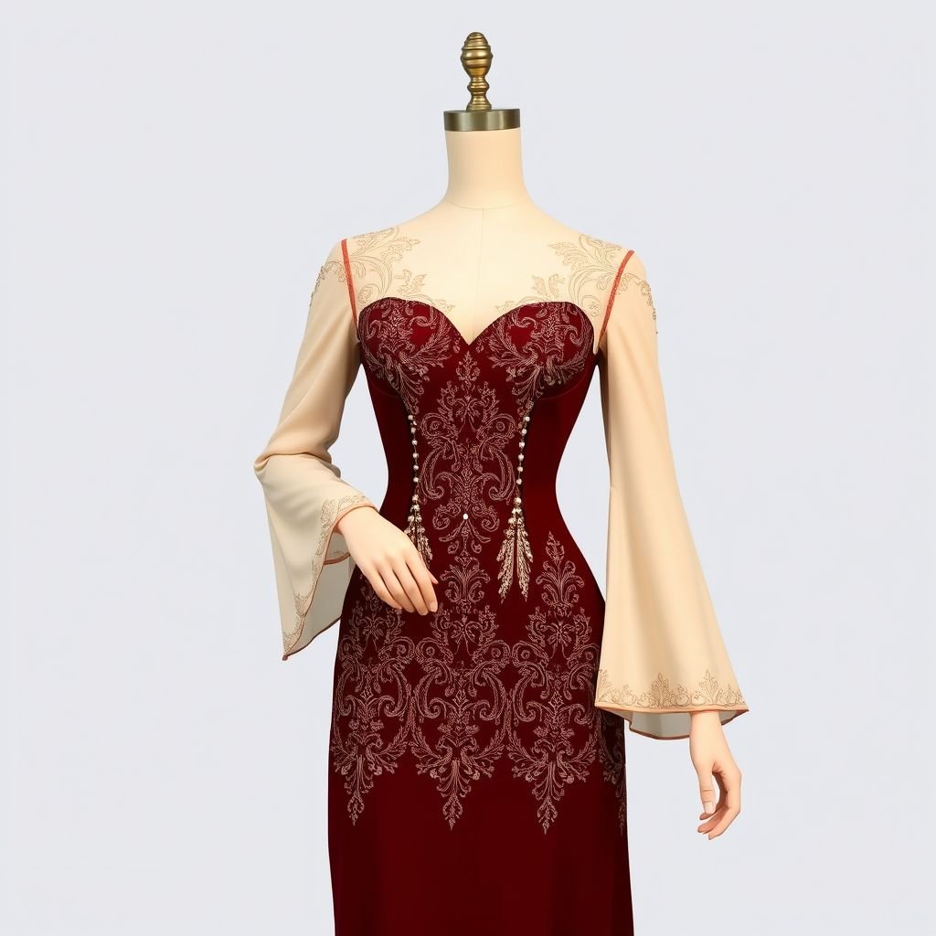 Fitted short gown with free long sleeve saw with crepe material
Design a stunning vintage-inspired fitted short gown crafted from luxurious crepe material. The silhouette should celebrate classic femininity, featuring a sweetheart neckline and intricate lace detailing. Incorporate dramatic, flowing long sleeves that cascade elegantly, reminiscent of 1920s flapper dresses. Add delicate pearl accents for a touch of timeless glamour and sophistication.