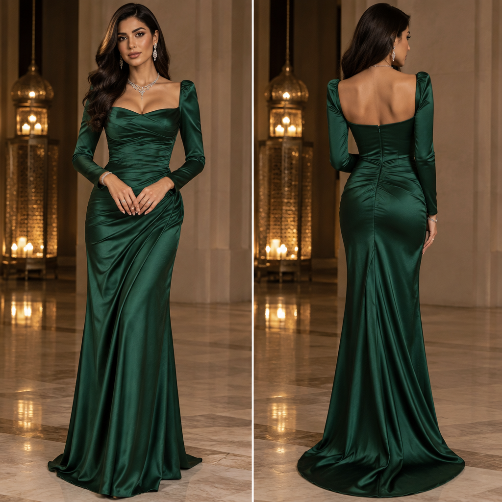 A Dress design, made of Silk, with a crisp, structured drape, for Party, shown on a model with medium skin tone. فستان ضيق على الجسم و لون الفستان زمردي يعني أخضر أتوقع، و بأكمام، و من أعلى الصدر يكون مفتوح وتكون في مجوهرات حول الرقبة الماس و أيضا حلق الماس و خاتم و اسوارة الماس أيضا، و شعرها يكون متموج قليلا و جميل.. Saudi Arabia fashion aesthetics. Present it as professional fashion catalogue photography: the garment is the subject, shown full-length with editorial styling, neutral posing and tasteful, non-suggestive framing.
photorealistic fashion design, A Dress design, made of Silk, with a crisp, structured drape, for Party, shown on a model with medium skin tone. فستان ضيق على الجسم و لون الفستان زمردي يعني أخضر أتوقع، و بأكمام، و من أعلى الصدر يكون مفتوح وتكون في مجوهرات حول الرقبة الماس و أيضا حلق الماس و خاتم و اسوارة الماس أيضا، و شعرها يكون متموج قليلا و جميل.. Saudi Arabia fashion aesthetics. Present it as professional fashion catalogue photography: the garment is the subject, shown full-length with editorial styling, neutral posing and tasteful, non-suggestive framing., just the design no text, show front and back