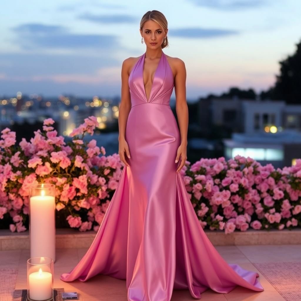 Style & Fit: The dress is a sleek, form-fitting evening gown that hugs the body and emphasizes the natural curves. It has a plunging V-neckline that adds a bold, sultry element to the design. The dress appears to be sleeveless with a halter-style top, baring the shoulders and arms and fastening behind the neck. Fabric & Texture: The material looks like satin or silk, giving it a smooth, shiny and reflective finish that catches the light beautifully. The fabric has a slight sheen, enhancing the dress’s elegant and luxurious feel. Color: It’s a soft, pastel lilac or blush lavender—a feminine and romantic shade that complements the glossy texture well. Length: The dress appears to be floor-length or slightly above the ankles, giving it a formal and glamorous silhouette. It drapes down smoothly from the hips with no visible slit, suggesting a more classic mermaid or column silhouette. Overall Impression: This is a sophisticated, statement dress perfect for formal events like a prom, wedding, or evening gala. It blends sensuality with elegance, especially due to its silhouette, luxurious fabric, and bold neckline.
Style & Fit: This captivating evening gown embodies modern sophistication with a daring twist. Its seamlessly tailored silhouette embraces the wearer’s shape, featuring an audacious plunging V-neckline and a unique halter design that highlights the shoulders. The gown dances gracefully from the knees, merging classic elegance with a contemporary flair.
Fabric & Texture: Crafted from sumptuous silk satin, the dress boasts an alluring sheen that reflects ambient light, creating a mesmerizing visual spectacle. The fabric cascades fluidly, instilling a sense of movement as it glides effortlessly with each step, while its delicate texture feels luxuriously soft against the skin.
Color: Adorned in a delicate pastel lilac, reminiscent of twilight skies, the gown radiates romantic charm. The subtle lavender hues invoke a dreamy allure, perfect for enchanting evening events, while maintaining an air of sophistication that captivates all.
Length: Falling elegantly to floor-length, the gown exudes glamour and refinement. The smooth design highlights a subtly structured mermaid silhouette, balancing tradition with modernity. Its absence of slits emphasizes modesty while maintaining an eye-catching appeal ideal for formal occasions.
Overall Impression: An exquisite fusion of sensuality and grace, this statement gown is a quintessential choice for celebrations, from extravagant galas to intimate weddings. The harmonious blend of luxurious fabric, captivating color, and striking design elements makes this piece a timeless masterpiece that leaves a lasting impression.