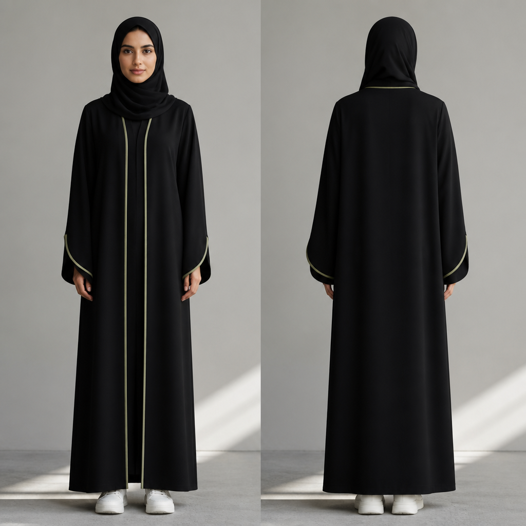 Modern university abaya in deep black with soft sage green piping along the front opening and sleeve edges, slightly oversized straight silhouette, unique curved cuffs, clean and elegant, youthful luxury style, not flared, not a dress, front and back view.
photorealistic fashion design, Modern university abaya in deep black with soft sage green piping along the front opening and sleeve edges, slightly oversized straight silhouette, unique curved cuffs, clean and elegant, youthful luxury style, not flared, not a dress, front and back view. , just the design no text, show front and back