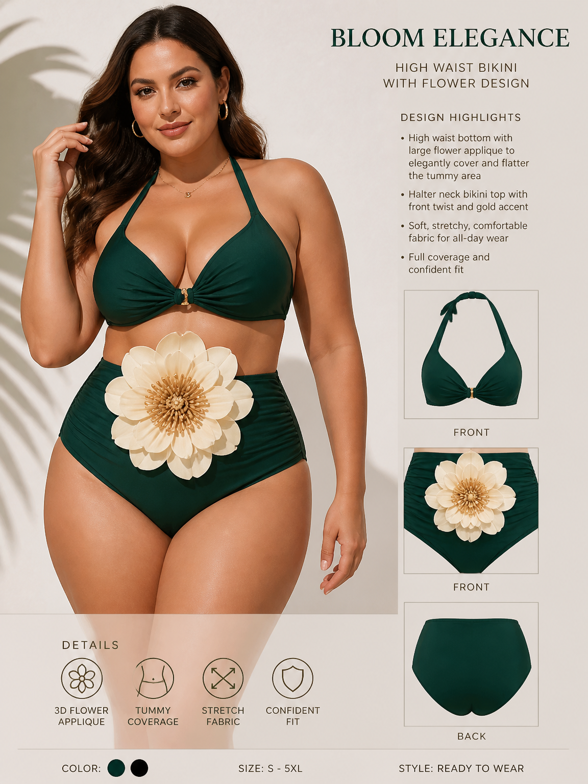 a two piece bikini but the pant is high waist with huge flower design in the stomach area to cover the big tummy
a two piece bikini but the pant is high waist with huge flower design in the stomach area to cover the big tummy
, ready to wear style