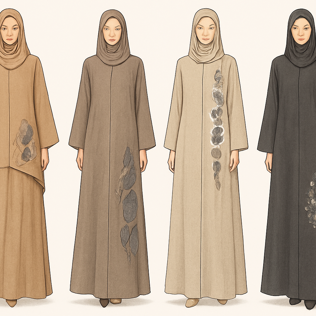 Create a modest two-piece linen abaya, the first of its kind, featuring a unique stone design that exudes a classy and sophisticated vibe. I’d like four designs, each showcasing different styles and fabrics. Incorporate high-end, unique chic stone designs to make them truly special. Add little sophisticated stone designs.

Create a modest two-piece linen abaya, the first of its kind, featuring a unique stone design that exudes a classy and sophisticated vibe. I’d like four designs, each showcasing different styles and fabrics. Incorporate high-end, unique chic stone designs to make them truly special. Add little sophisticated stone designs.