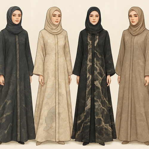 Create a modest two piece abaya that's the first of its kind, featuring a unique stone design that exudes a classy and sophisticated vibe. I'd like four designs, each showcasing different styles and fabrics.Incorporate high-end, unique chic stone designs to make them truly special. And add little cute touch of sophisticated stone designs.