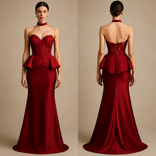 Create a high-fashion couture evening gown inspired by timeless elegance and femininity. The design features a structured corset bodice with intricate lace detailing and a sculpted peplum waist that flatters the silhouette. The gown is made from luxurious deep red silk and lace fabrics, with a floor-length, fitted skirt that flows gracefully. The neckline is sensual yet refined, paired with a minimalist choker detail. The overall look should exude sophistication, confidence, and modern romance — perfect for a 2026 haute couture runway presentation.