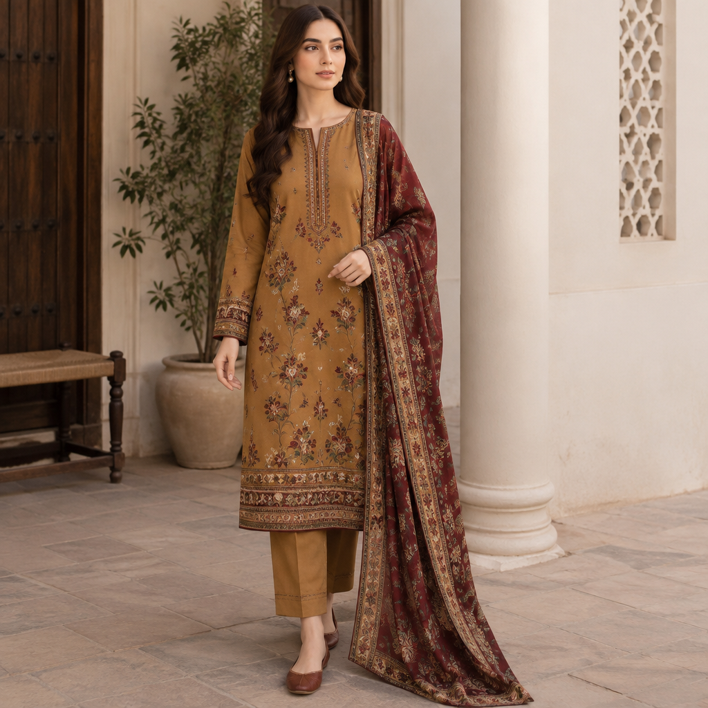 A Female Salwar Kameez design, suitable for Fall, in Casual style. Pakistan fashion aesthetics. Present it as professional fashion catalogue photography: the garment is the subject, shown full-length with editorial styling, neutral posing and tasteful, non-suggestive framing.
photorealistic fashion design, A Female Salwar Kameez design, suitable for Fall, in Casual style. Pakistan fashion aesthetics. Present it as professional fashion catalogue photography: the garment is the subject, shown full-length with editorial styling, neutral posing and tasteful, non-suggestive framing., casual style, just the design no text
