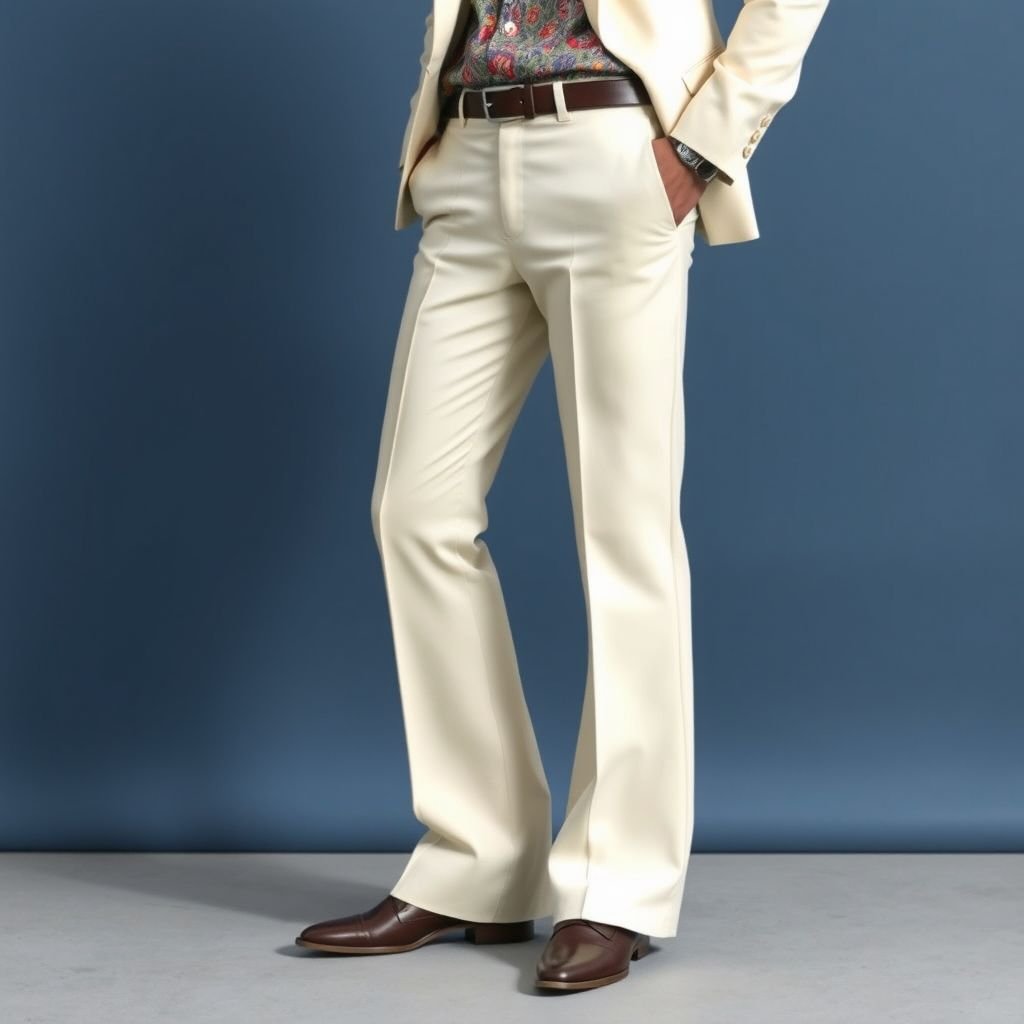 Create a men’s suits pants that is the color off-white nude and has a crease line through the middle to the bottom also with a 70s flare hem at the bottom.
Design an off-white nude men’s suit pant featuring a striking center crease that elongates the leg and adds sophistication. The tailored fit transitions into an exaggerated 70s flare hem, utilizing lightweight fabric for fluid movement. Pair it with a vibrant patterned shirt for a retro yet contemporary statement, perfect for modern dapper gentlemen.