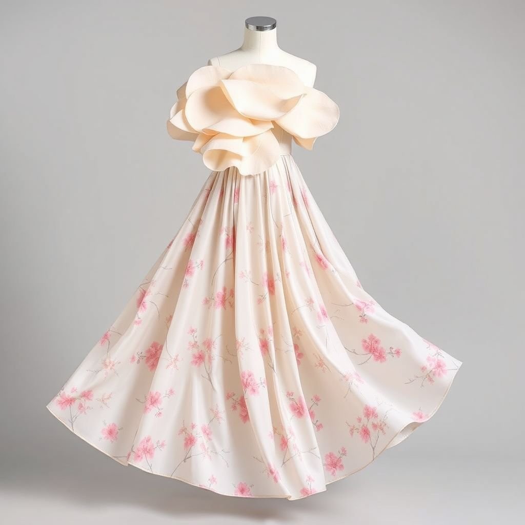 Create a 2 piece consisting of an a line skirt and a top with a big fabric petal design in front. It should look like a dress and then still be a two piece.
A flowy A-line skirt cascading gracefully, adorned with a delicate floral print in soft pastels. A matching top featuring an oversized fabric petal design, draping elegantly across the chest, creating an illusion of a dress. Light, breathable fabric with a subtle sheen, exuding sophistication and effortless charm, perfect for any occasion.