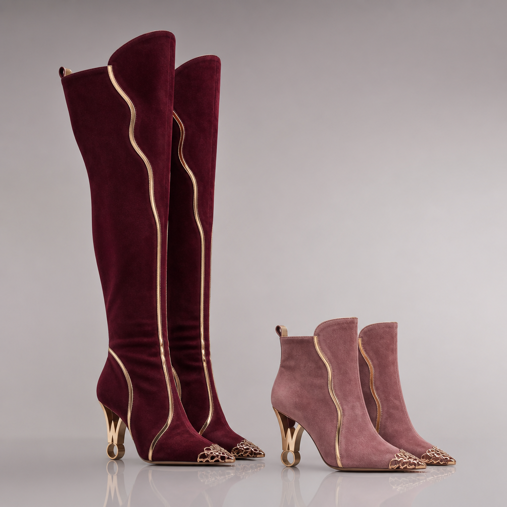 Long suede boots , and short suede boots -burgundy and dusty pink with gold stripes and some burgundy design on the front in rose gold on the pointy toe boots the long boot has a 3 inch heel that is shaped like a gold W and a O small on the back of the heel now on the shorter 2 inch heel make the same as the taller boot .
photorealistic fashion design, Long suede boots , and short suede boots -burgundy and dusty pink with gold stripes and some burgundy design on the front in rose gold on the pointy toe boots the long boot has a 3 inch heel that is shaped like a gold W and a O small on the back of the heel now on the shorter 2 inch heel make the same as the taller boot . , haute_couture style, just the design no text