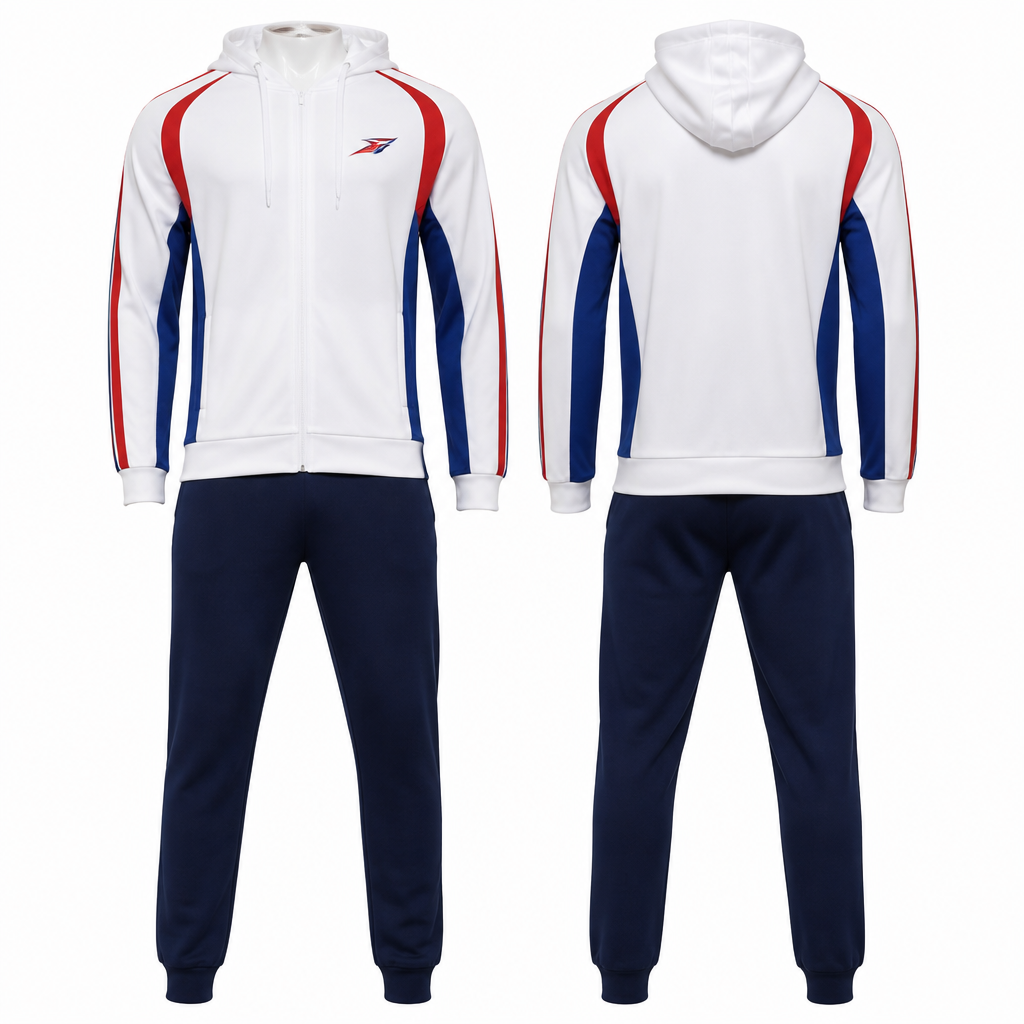 Realistic photo of a modern athletic tracksuit, front and back view. Zip-up hoodie jacket, main body white, with vibrant red and blue racing stripes on the sides and arms. Small emblem logo on the left chest area. Back side features a prominent inscription "Polët team" in sporty italic font. Bottoms are monochrome navy blue sweatpants, no prints, simple ribbed ankles. Mannequin display, studio lighting, clean cut-out background, 8k, hyper-detailed fabric texture.
photorealistic fashion design, Realistic photo of a modern athletic tracksuit, front and back view. Zip-up hoodie jacket, main body white, with vibrant red and blue racing stripes on the sides and arms. Small emblem logo on the left chest area. Back side features a prominent inscription "Polët team" in sporty italic font. Bottoms are monochrome navy blue sweatpants, no prints, simple ribbed ankles. Mannequin display, studio lighting, clean cut-out background, 8k, hyper-detailed fabric texture., just the design no text