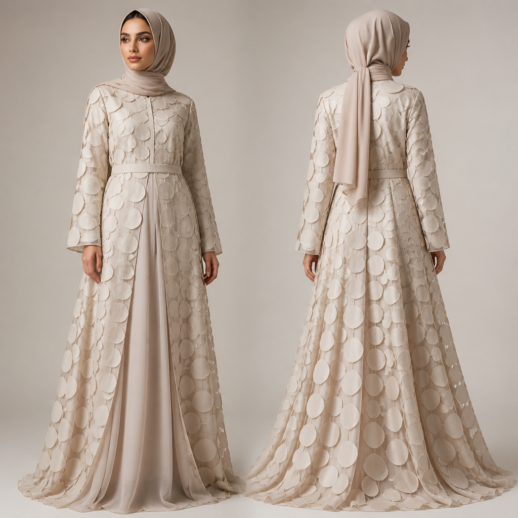 A Female Dress design, made of Satin, for Formal, suitable for Summer, in Middle Eastern + Classic + Elegant style. this is beautiful layered closed abaya with cuts of circles in structured fabric on top and the underneath is very light weight cotton fabric. the abaya has cut circles structured fabric on to .with a match scarf.. Design with modest coverage.
photorealistic fashion design, A Female Dress design, made of Satin, for Formal, suitable for Summer, in Middle Eastern + Classic + Elegant style. this is beautiful layered closed abaya with cuts of circles in structured fabric on top and the underneath is very light weight cotton fabric. the abaya has cut circles structured fabric on to .with a match scarf.. Design with modest coverage., middle_eastern style, just the design no text, show front and back