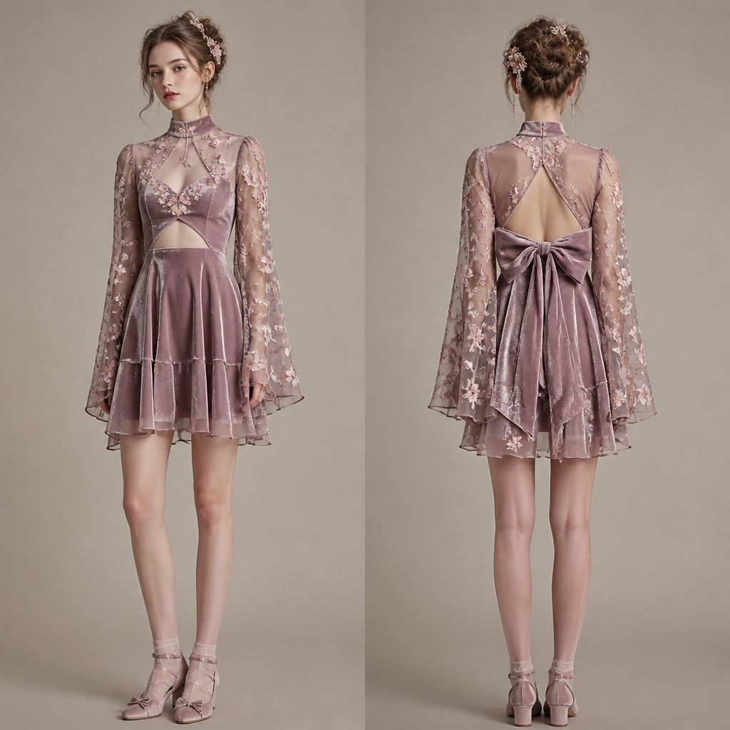 A Female Dress design, made of Velvet, with a light, flowing drape, with a Bodycon silhouette, styled in layers, for Festival, suitable for Fall, in Y2K + Angelcore + Princesscore style, shown on a model with fair skin and a petite figure. добавь длиные рукава полупрозрачные как в "Великолепном веке",с вышивкой сакуры, НО короткая и НЕ обтягивающая юбка,а свободная ,+ должен быть сзади большой бант,и добавь вырез(ы). Russia fashion aesthetics. Present it as professional fashion catalogue photography: the garment is the subject, shown full-length with editorial styling, neutral posing and tasteful, non-suggestive framing.
photorealistic fashion design, A Female Dress design, made of Velvet, with a light, flowing drape, with a Bodycon silhouette, styled in layers, for Festival, suitable for Fall, in Y2K + Angelcore + Princesscore style, shown on a model with fair skin and a petite figure. добавь длиные рукава полупрозрачные как в "Великолепном веке",с вышивкой сакуры, НО короткая и НЕ обтягивающая юбка,а свободная ,+ должен быть сзади большой бант,и добавь вырез(ы). Russia fashion aesthetics. Present it as professional fashion catalogue photography: the garment is the subject, shown full-length with editorial styling, neutral posing and tasteful, non-suggestive framing., y2k style, just the design no text, show front and back