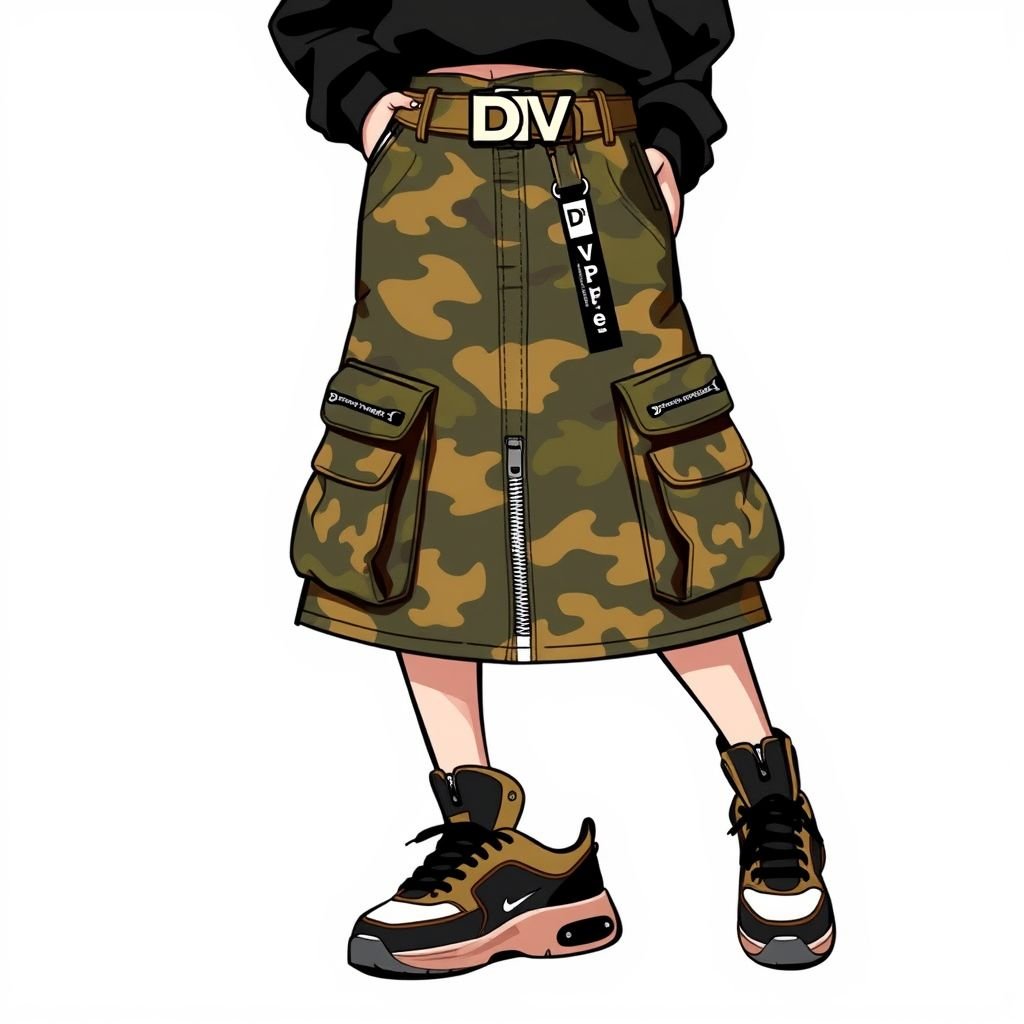 Camo skirt with pockets and zippers. Give it a 90’s YK2 look. Give it a belt that has DV on it. With sneakers on that say DV
Design a bold streetwear skirt featuring a trendy camouflage pattern, infused with 90’s Y2K vibes. Incorporate oversized pockets and edgy zippers for functionality. Attach a statement belt adorned with “DV” branding and pair it with striking sneakers that echo the same brand ethos, creating a cohesive and fashionable urban look.