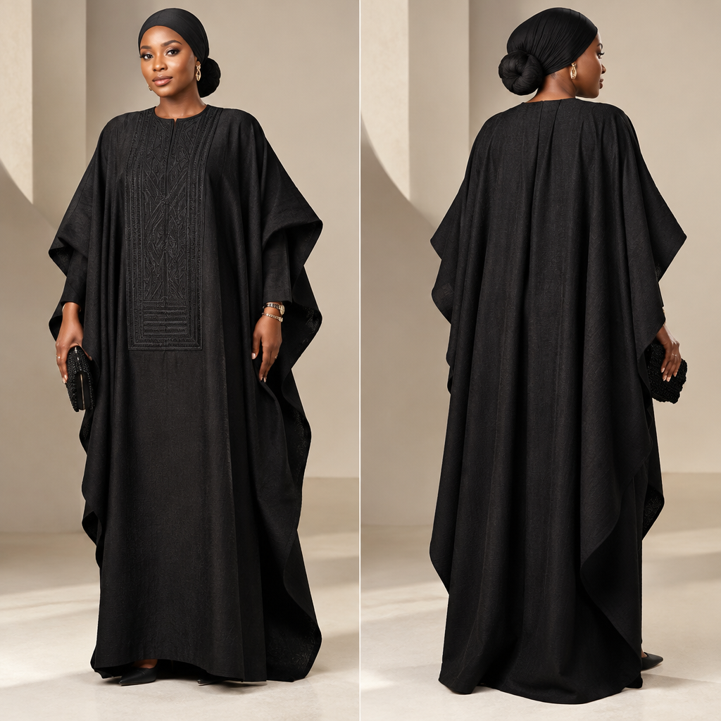 A Female Agbada design, suitable for Spring, in Classic style. black. ZW fashion aesthetics. Present it as professional fashion catalogue photography: the garment is the subject, shown full-length with editorial styling, neutral posing and tasteful, non-suggestive framing.
photorealistic fashion design, A Female Agbada design, suitable for Spring, in Classic style. black. ZW fashion aesthetics. Present it as professional fashion catalogue photography: the garment is the subject, shown full-length with editorial styling, neutral posing and tasteful, non-suggestive framing., classic style, just the design no text