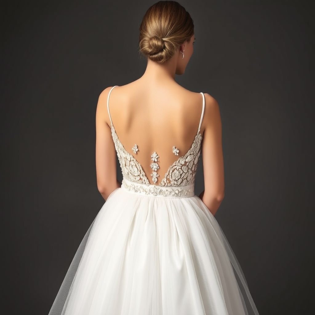 2. Upper Part: • Deep V-shaped neckline starting from the shoulders down to the underbust area. • The neckline is heavily adorned with white crystal embellishments, which are densest at the top and gradually decrease downward. • A thin, sash-like white belt wraps around the waist. 3. Lower Part: • From the waist down, the fabric falls straight, made of very lightly layered and slightly voluminous white tulle or organza. • The volume is minimal, creating a natural and elegant look. • The delicate fabric begins where the crystal embellishments end. 4. Color and Fabric: • The main fabric is white, made of shiny satin or silk. • The crystals or pearls embellishing the neckline and bust are in crystal or pearl tones. • The lower part’s fabric is white, slightly transparent, and has a flowing movement. 5. Details: • The back can be open or feature thin straps. • Sleeves are either absent or very thin straps are preferred.
Experience ethereal elegance in this stunning design featuring a deep V-neckline that cascades gracefully to the underbust, sparkling with a constellation of white crystal embellishments. The waist is cinched with a delicate, sash-like belt, while slightly voluminous tulle drapes from the waist, flowing softly. This airy silhouette, adorned in shiny satin and shimmering crystals, embodies heavenly sophistication perfect for modern romantic occasions. Minimalist thin straps enhance the refined allure, ensuring an unforgettable impression. The back reveals a touch of daring charm, either left open or subtly secured with elegant straps.