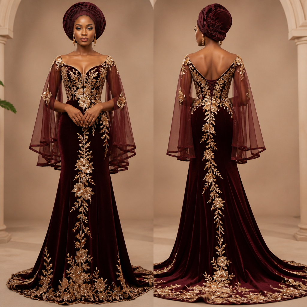 A Female Dress design, made of Velvet, for Wedding, suitable for Summer, in Asian style. Nigeria fashion aesthetics.
photorealistic fashion design, A Female Dress design, made of Velvet, for Wedding, suitable for Summer, in Asian style. Nigeria fashion aesthetics., asian style, just the design no text, show front and back