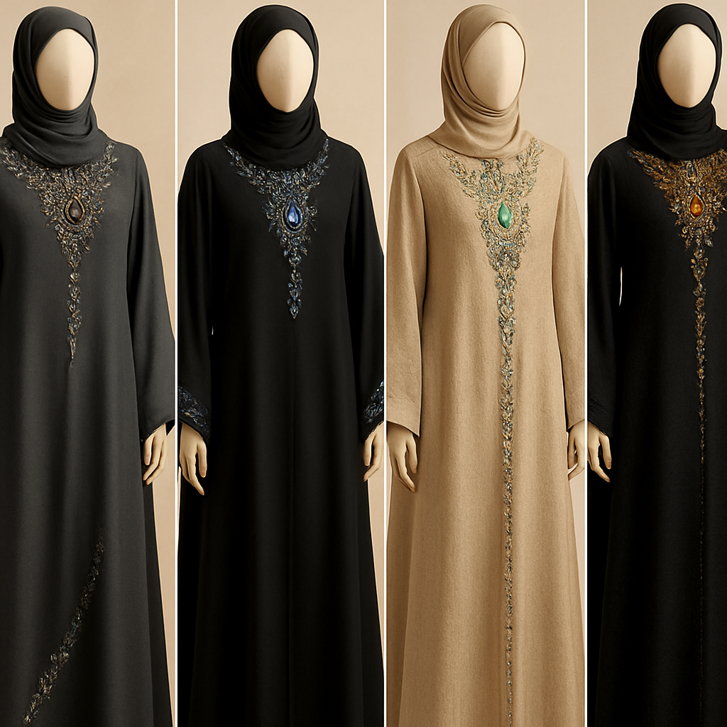 Create me modest abaya that's first in the world, using unique stone design, classy and sophisticated. Keep me 4 designs. Make them rich by adding unique chic stone high end designs and . Showcasing different styles and fabric.
Create me modest abaya that's first in the world, using unique stone design, classy and sophisticated. Keep me 4 designs. Make them rich by adding unique chic stone high end designs and . Showcasing different styles and fabric.