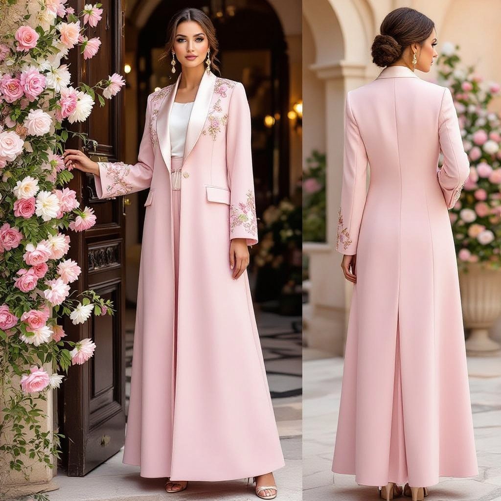 Long Abaya Blazer Design – Formal & Elegant • Outer Fabric: Worsted Wool (Super Wool) in a baby pink shade (very soft light pink). • Offers a subtle refined sheen with a straight, elegant structure that enhances the blazer style. • Inner Lining: Bemberg Rayon in light beige or pastel pink for added comfort and smoothness. • Key Details: • A-Line cut flowing gracefully from shoulder to floor. • Slim feminine blazer lapel with clean, neat finishing. • Hidden inner closure to keep the focus on the outer design and embroidery. • Back design: Kept plain and minimal, with a small slit at the center back hem, emphasizing the blazer character while allowing ease of movement. • Embroidery: • Crafted in delicate off-white raised stitching. • Placement: Starting from the right shoulder, flowing down along the side of the chest, extending seamlessly to mid-waist. • Pattern: Elegant floral and leaf motifs in raised embroidery, adding a refined feminine touch without overwhelming the formal character. • Subtle accents in very light golden threads can be added for a luminous effect under lighting. ⸻ ✨ Result: A baby pink abaya blazer with refined off-white side embroidery, plain back with a subtle slit, designed to blend formality, luxury, and feminine softness — perfect for occasions and business gatherings. Haute Couture fashion: Baby pink wool abaya blazer, A-line, with a slim lapel. Hidden front closure. Off-white raised floral embroidery from shoulder to mid-waist, with subtle gold accents. Plain back with a small hem slit.
Glamorous fashion: Baby pink wool abaya blazer, A-line, with a slim satin lapel. Hidden front closure. Off-white raised floral embroidery from shoulder to mid-waist, with subtle gold accents. Plain back with a small hem slit.