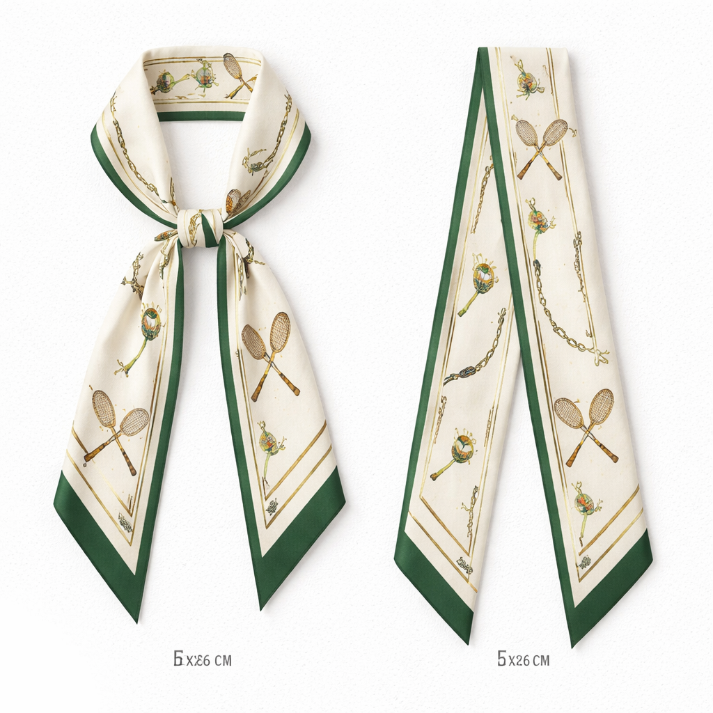 Design a silk scarf that is 5x86cm that has an old money feminine look with a tennis pattern. More simple even more simple
Design a silk scarf that is 5x86cm that has an old money feminine look with a tennis pattern. More simple even more simple , classic style, show front and back