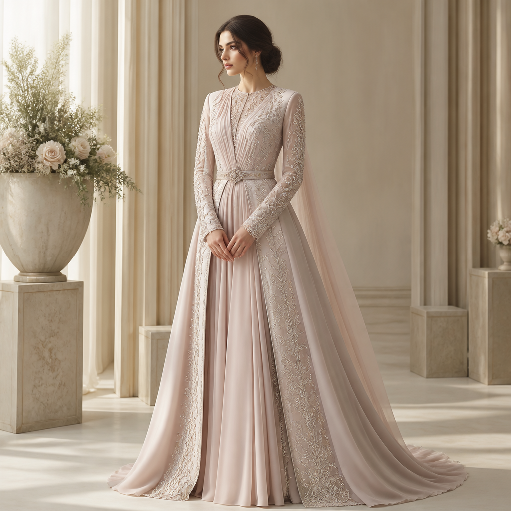 A Female Dress design, suitable for Summer. I need a completely unique, luxury Muslim engagement dress for my cousin's daytime engagement. I do not want a common design or something that is already popular on Pinterest or in boutiques. I want an exclusive couture-inspired design that looks original and memorable.
My Details
Height: 150 cm
Body Type: Slim
Skin Tone: Fair
Full sleeves are required.
No niqab.
Hijab is optional, but the outfit should also look beautiful without it.
I prefer minimal jewelry and heels.
The event is in a function hall during the daytime.
My Style Preference
Theme: Arabic Princess
Elegant, sophisticated, luxurious, and modest.
I prefer pastel shades, but you may choose the best color that complements my skin tone.
The dress should have a fully closed back.
Heavy embellishments are not necessary, but it should have enough refined detailing to make people admire it.
The overall look should be graceful rather than flashy.
What I Don't Want
Common engagement gowns.
Typical Anarkali or standard Arabic gowns.
Designs that are widely seen on social media or in local boutiques.
Anything that looks ordinary or repetitive.
What I Want
A one-of-a-kind couture design with a high-end designer feel.
A modern Arabic-inspired silhouette with an original structure.
Creative layering, elegant draping, and premium fabrics.
Fine hand embroidery, pearls, and delicate luxury details.
A design that is timeless, classy, and unforgettable.
Something that makes people ask, "Where did you get this dress designed?"
The design should be completely original, not copied from any existing designer or brand, while giving the feeling of an international luxury couture collection.. India fashion aesthetics.
photorealistic fashion design, A Female Dress design, suitable for Summer. I need a completely unique, luxury Muslim engagement dress for my cousin's daytime engagement. I do not want a common design or something that is already popular on Pinterest or in boutiques. I want an exclusive couture-inspired design that looks original and memorable.
My Details
Height: 150 cm
Body Type: Slim
Skin Tone: Fair
Full sleeves are required.
No niqab.
Hijab is optional, but the outfit should also look beautiful without it.
I prefer minimal jewelry and heels.
The event is in a function hall during the daytime.
My Style Preference
Theme: Arabic Princess
Elegant, sophisticated, luxurious, and modest.
I prefer pastel shades, but you may choose the best color that complements my skin tone.
The dress should have a fully closed back.
Heavy embellishments are not necessary, but it should have enough refined detailing to make people admire it.
The overall look should be graceful rather than flashy.
What I Don't Want
Common engagement gowns.
Typical Anarkali or standard Arabic gowns.
Designs that are widely seen on social media or in local boutiques.
Anything that looks ordinary or repetitive.
What I Want
A one-of-a-kind couture design with a high-end designer feel.
A modern Arabic-inspired silhouette with an original structure.
Creative layering, elegant draping, and premium fabrics.
Fine hand embroidery, pearls, and delicate luxury details.
A design that is timeless, classy, and unforgettable.
Something that makes people ask, "Where did you get this dress designed?"
The design should be completely original, not copied from any existing designer or brand, while giving the feeling of an international luxury couture collection.. India fashion aesthetics., just the design no text