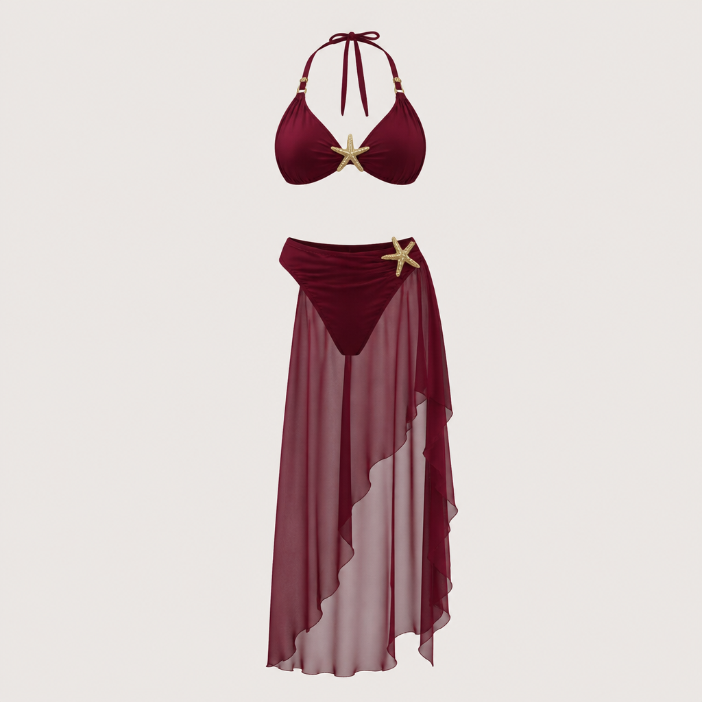 A Female Dress design, suitable for Summer. بيكيني سباحة عنابي مع تنورة شيفون شفافة ونجمة ذهبية على خصر. Algeria fashion aesthetics.
photorealistic fashion design, A Female Dress design, suitable for Summer. بيكيني سباحة عنابي مع تنورة شيفون شفافة ونجمة ذهبية على خصر. Algeria fashion aesthetics., just the design no text