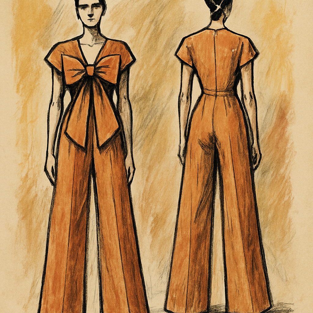 I want a long jumpsuit with a big bow in front of the chest
I want a long jumpsuit with a big bow in front of the chest
, artsy style, show front and back