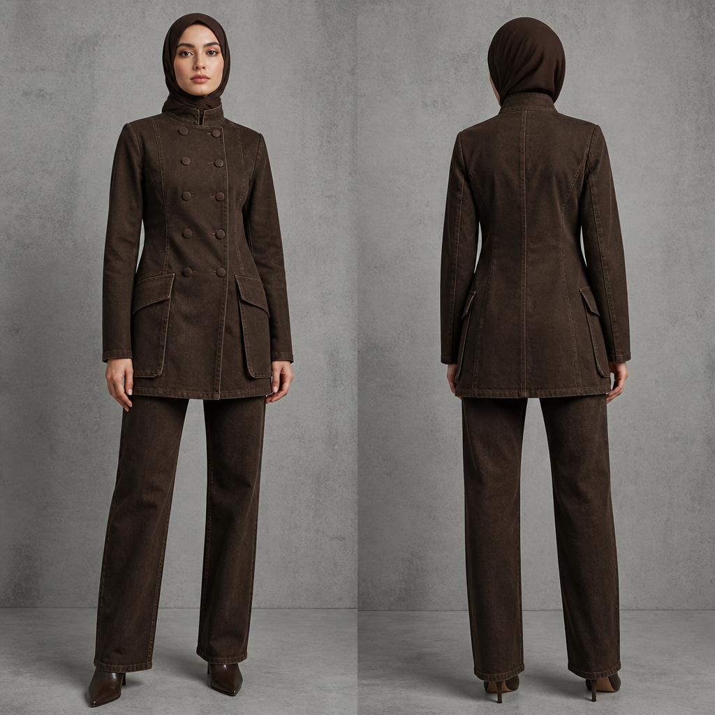 For a hijabi, "A precise fashion portrait of a dark brown denim two-piece suit. The jacket is a structured, long-line blazer featuring a high Mandarin stand collar and a symmetrical double-breasted closure with six matched covered buttons. Below the tailored waist, there are large, angular utility cargo-style patch pockets. The silhouette is defined and sharp, with the jacket extending below the hip. It is paired with straight-leg denim trousers. Crisp lighting on a seamless textured concrete backdrop."
photorealistic fashion design, For a hijabi, "A precise fashion portrait of a dark brown denim two-piece suit. The jacket is a structured, long-line blazer featuring a high Mandarin stand collar and a symmetrical double-breasted closure with six matched covered buttons. Below the tailored waist, there are large, angular utility cargo-style patch pockets. The silhouette is defined and sharp, with the jacket extending below the hip. It is paired with straight-leg denim trousers. Crisp lighting on a seamless textured concrete backdrop."
, casual style, just the design no text, show front and back