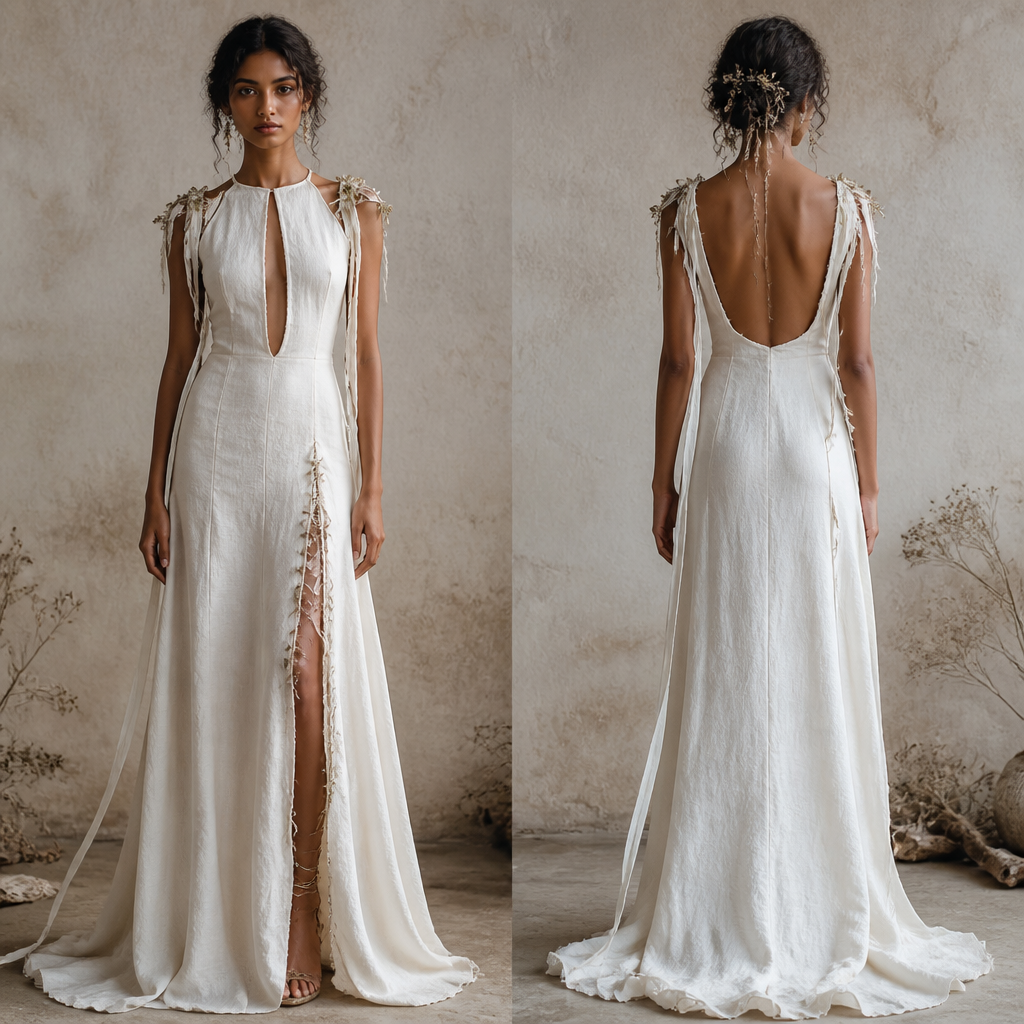 A Dress design, made of Linen, with a sturdy, casual hand, with a Tailored silhouette, with a minimal-coverage cut, in a Monochrome color palette, for Wedding, suitable for Winter, suited to a Temperate climate, in Fairycore style, shown on a model with brown skin and a petite figure Present it as professional fashion catalogue photography: the garment is the subject, shown full-length with editorial styling, neutral posing and tasteful, non-suggestive framing.
photorealistic fashion design, A Dress design, made of Linen, with a sturdy, casual hand, with a Tailored silhouette, with a minimal-coverage cut, in a Monochrome color palette, for Wedding, suitable for Winter, suited to a Temperate climate, in Fairycore style, shown on a model with brown skin and a petite figure Present it as professional fashion catalogue photography: the garment is the subject, shown full-length with editorial styling, neutral posing and tasteful, non-suggestive framing., fairycore style, just the design no text, show front and back