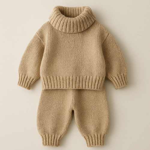 I am looking for a two-piece cord for children of a knitted fabric with a chunky neck detail. I want oversized and buggy.