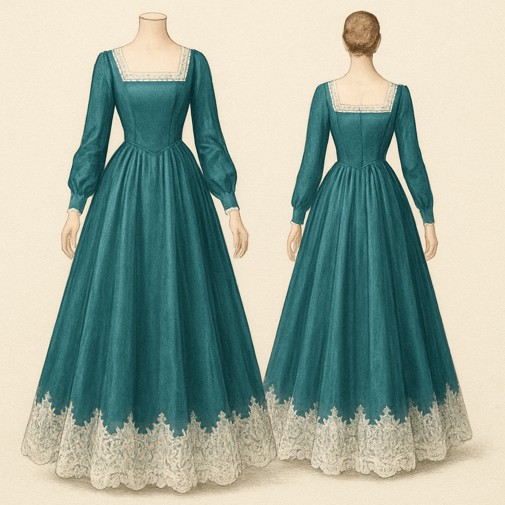 a modern long sleeved greenish blue dress. flowy white lace flowing at the end and a square collar neck. lace outlines the square collar. the dress needs to be ball gown length but satin material.
a modern long sleeved greenish blue dress. flowy white lace flowing at the end and a square collar neck. lace outlines the square collar. the dress needs to be ball gown length but satin material.
, vintage style, show front and back