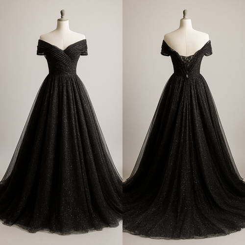 Black glittery wedding dress with long train. Made from tulle, with cross body sleeves off the shoulders, corset back, with lace detailing.
