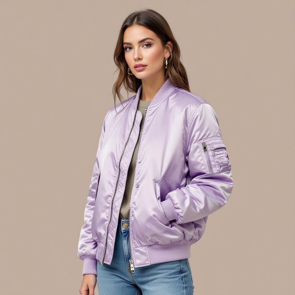 airforce with purple fabric from the brand Aboom
Aboom airforce jacket in purple fabric, with a classic bomber cut, ribbed cuffs and hem, and a front zip closure.