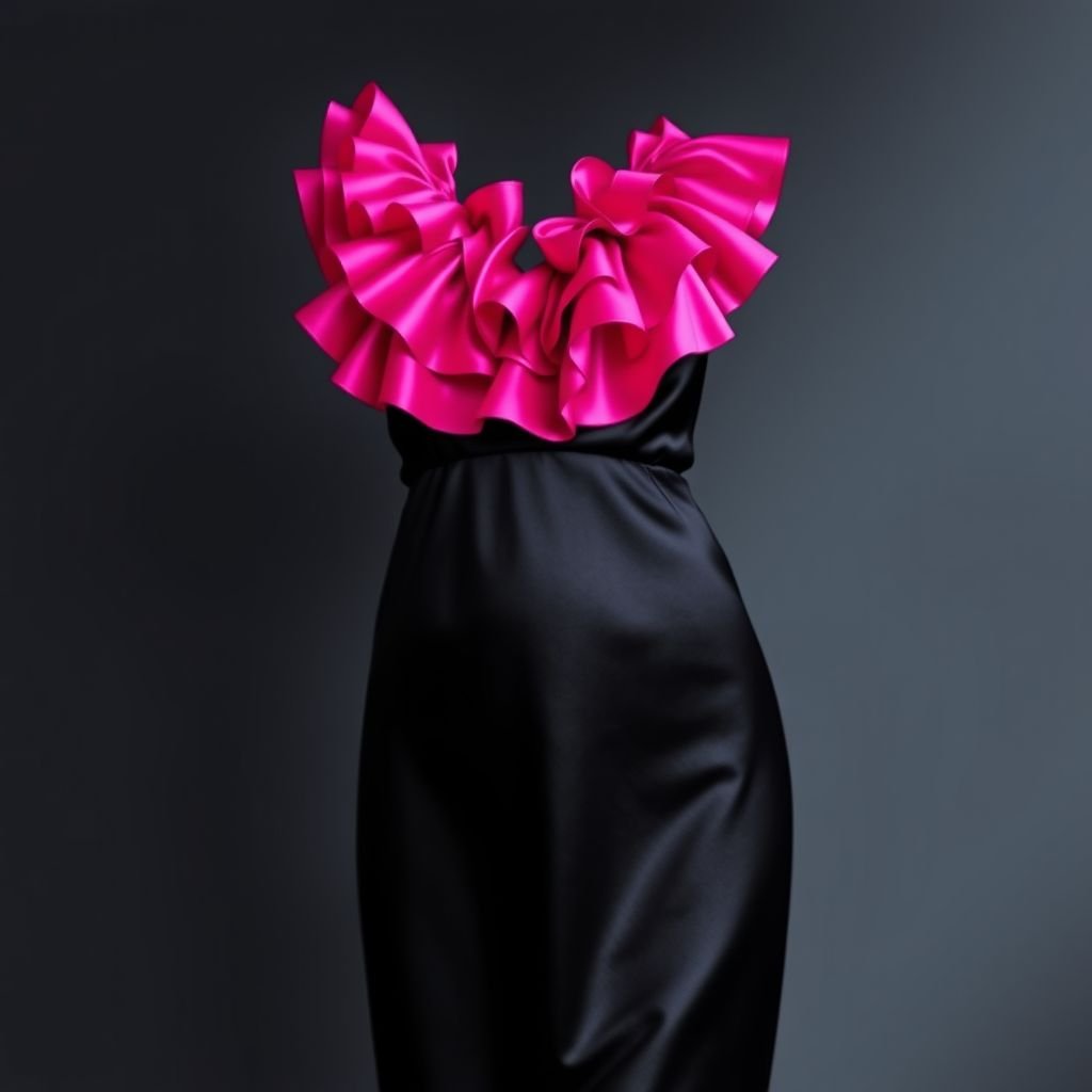 Black satin short nightgown with a hot pink silk bust glamorous
Design an elegant black satin short nightgown, embracing fluid silhouettes and luxurious elegance. Enhance the neckline with a vibrant hot pink silk bust, featuring delicate ruffles that cascade softly. The satin’s lustrous sheen contrasts beautifully with the bold silk, evoking a sense of romance and glamour, perfect for a sultry evening.