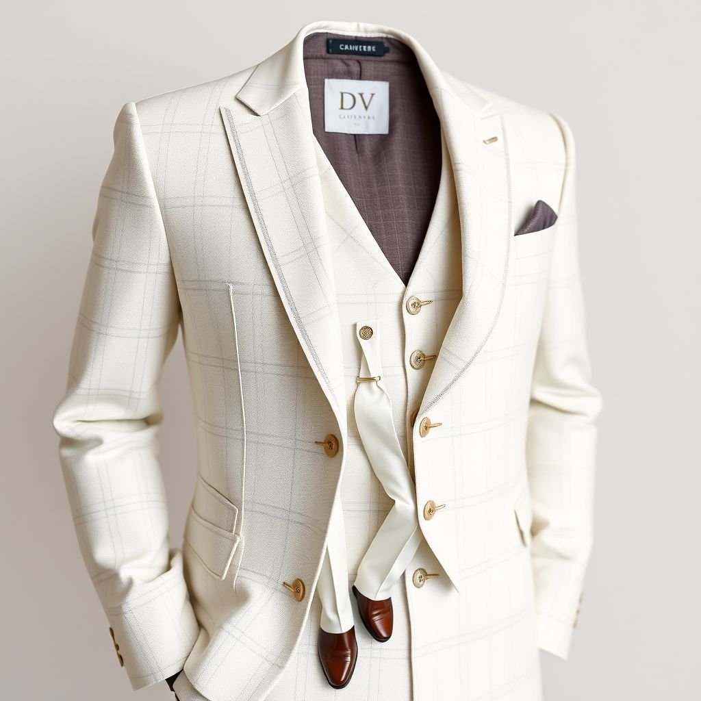 Home Chic White Notched Lapel Three Pieces Plaid Business Suits Groomsmen suits . Put “DV” on it somewhere
Design an elegantly tailored white three-piece plaid business suit for groomsmen, featuring a sophisticated notched lapel. Incorporate luxurious textures and subtle sheen to highlight refinement. Adorn the inner lining with a delicate pattern of DV initials, blending classic charm with modern flair. Accessorize with silk ties and polished leather shoes.