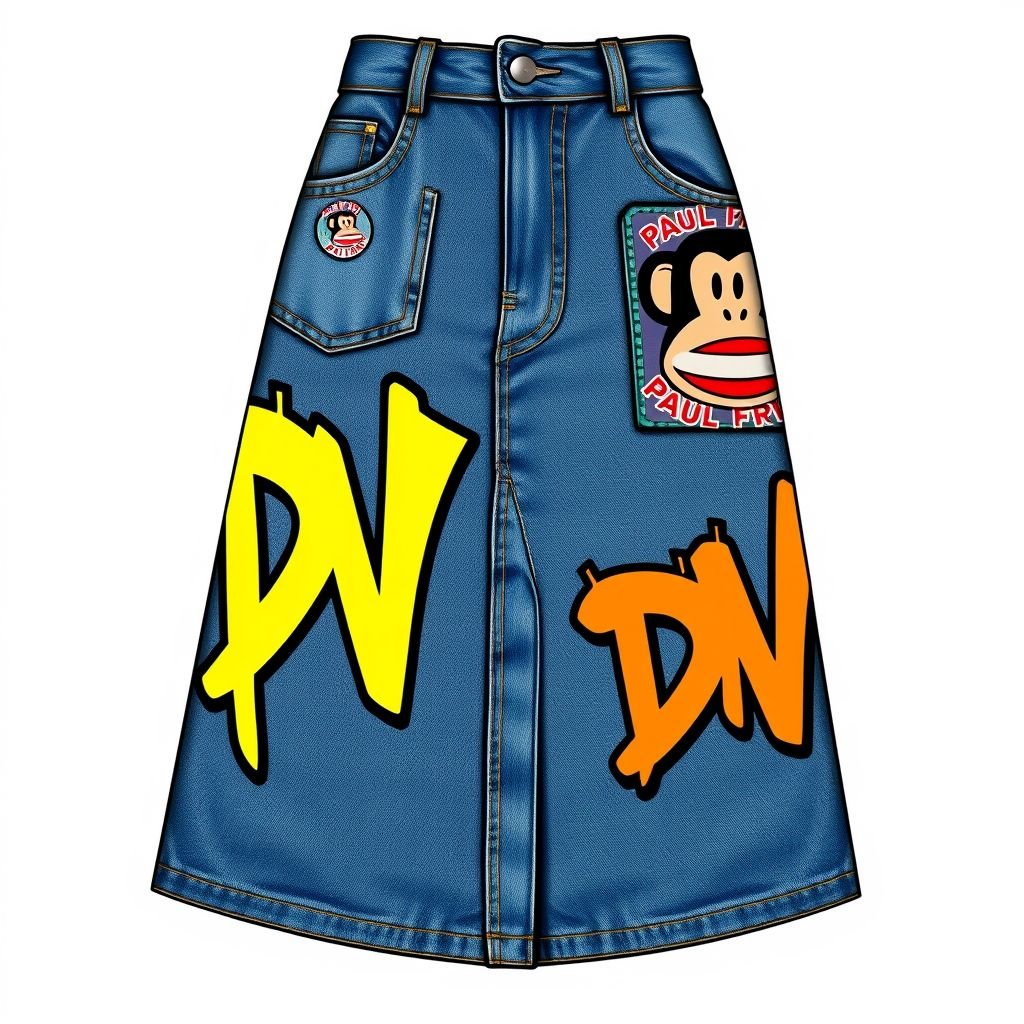 Do a collab with my brand “Da’Vine” or “DV” and “Paul frank” with the monkey symbol. Create a Maxi denim skirt and create a design for the collab on it! With “DV” somewhere on it
Design an edgy maxi denim skirt as a collaborative statement piece between “Da’Vine” and Paul Frank. Feature bold stitching, oversized pockets, and vibrant patches showcasing the iconic monkey symbol. Incorporate graffiti-style lettering of “DV” in contrasting colors, blending urban aesthetics with playful elements for a striking streetwear look that stands out.