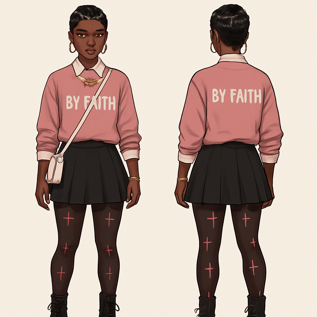 Black girl
Finger waves
White collared shirt
Pick sweater shirt sleeves rolled it says
By Faith in it
Tight short ruffled black skirt
Black stockings with pink crosses on them
black boots
Gold jewelry
White crossbody purse
Black girl
Finger waves
White collared shirt
Pick sweater shirt sleeves rolled it says
By Faith in it
Tight short ruffled black skirt
Black stockings with pink crosses on them
black boots
Gold jewelry
White crossbody purse
, streetwear style, show front and back