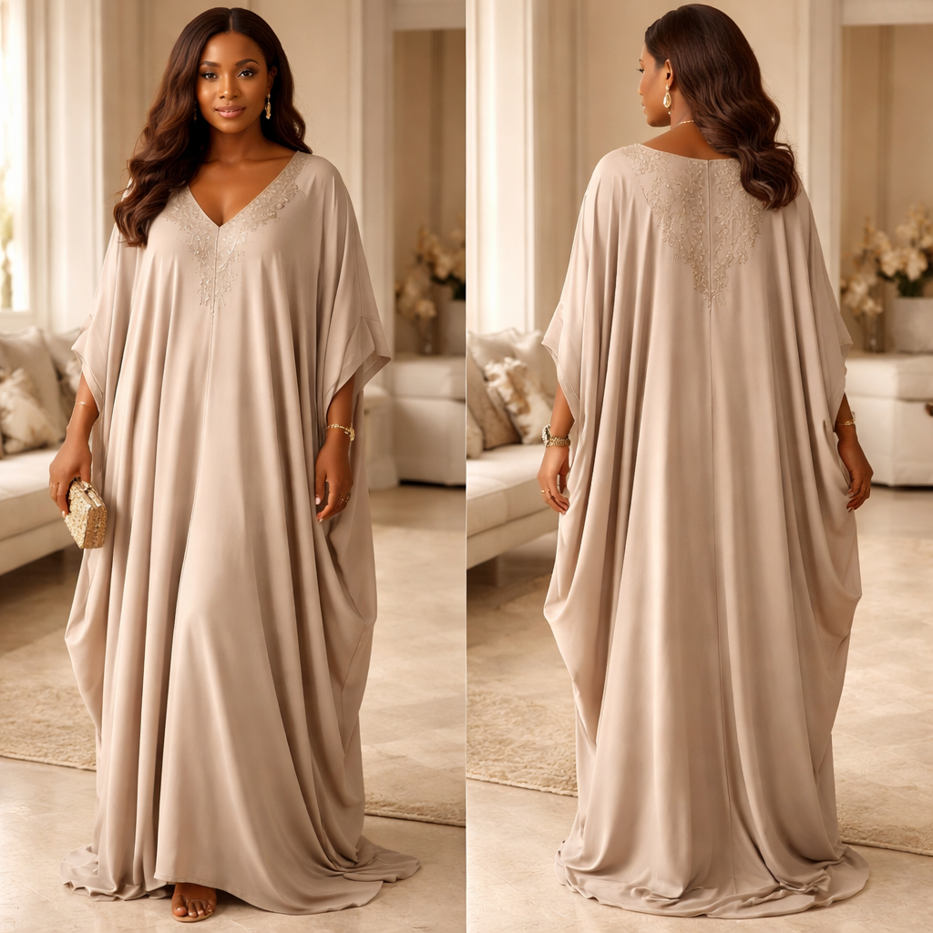 “Luxury minimalist kaftan for a Nigerian woman, designed for comfort and body confidence. Flowy silhouette, soft draping that hides stomach and arms, V-neckline to elongate body, subtle embroidery, lightweight fabric, neutral earthy tones, effortlessly rich and elegant, perfect for everyday wear or small events.”
“Luxury minimalist kaftan for a Nigerian woman, designed for comfort and body confidence. Flowy silhouette, soft draping that hides stomach and arms, V-neckline to elongate body, subtle embroidery, lightweight fabric, neutral earthy tones, effortlessly rich and elegant, perfect for everyday wear or small events.”
, show front and back